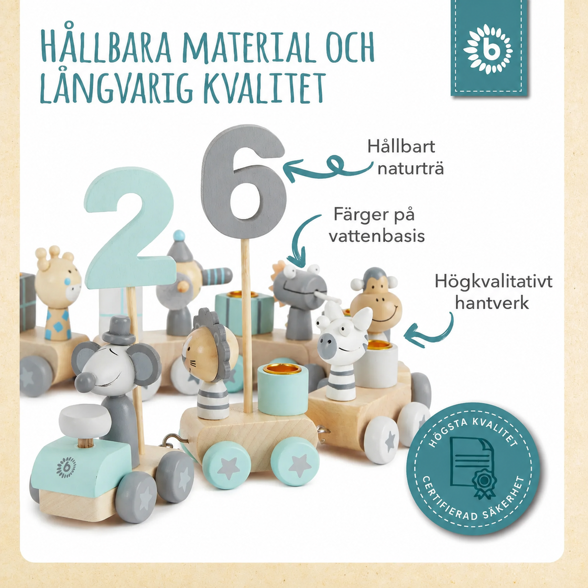 Bieco Födelsedagståg Scandi i Trä med 6 Ljus