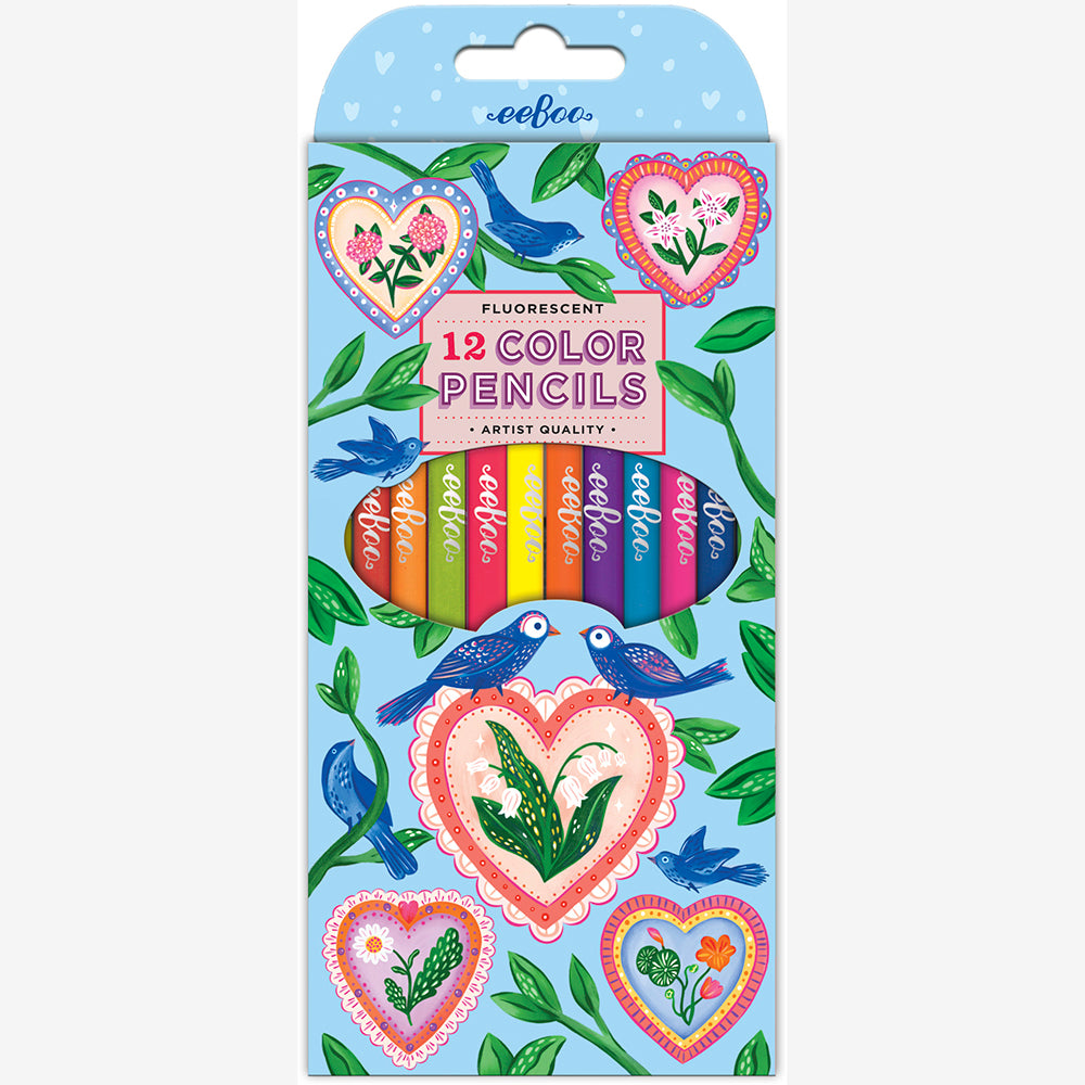 eeBoo 12 Färgpennor – Hearts & Birds – Neon